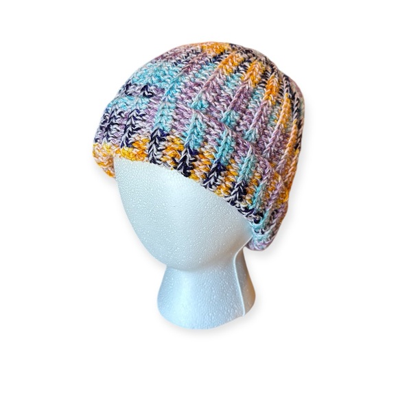 Hand Crafted Accessories - New Handmade Crochet Beanie Fold over Hat Winter Orange Purple Blue Speckled